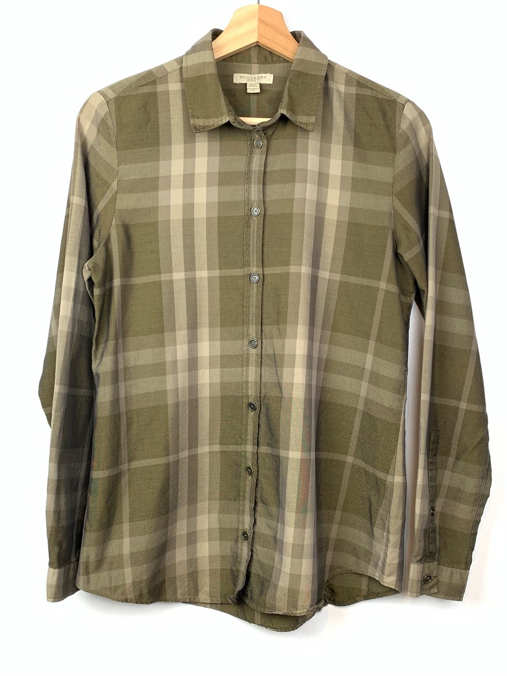 Burberry Brit Button Shirt Blouse Plaid Sz Medium Brown Green Olive Long Sleeves